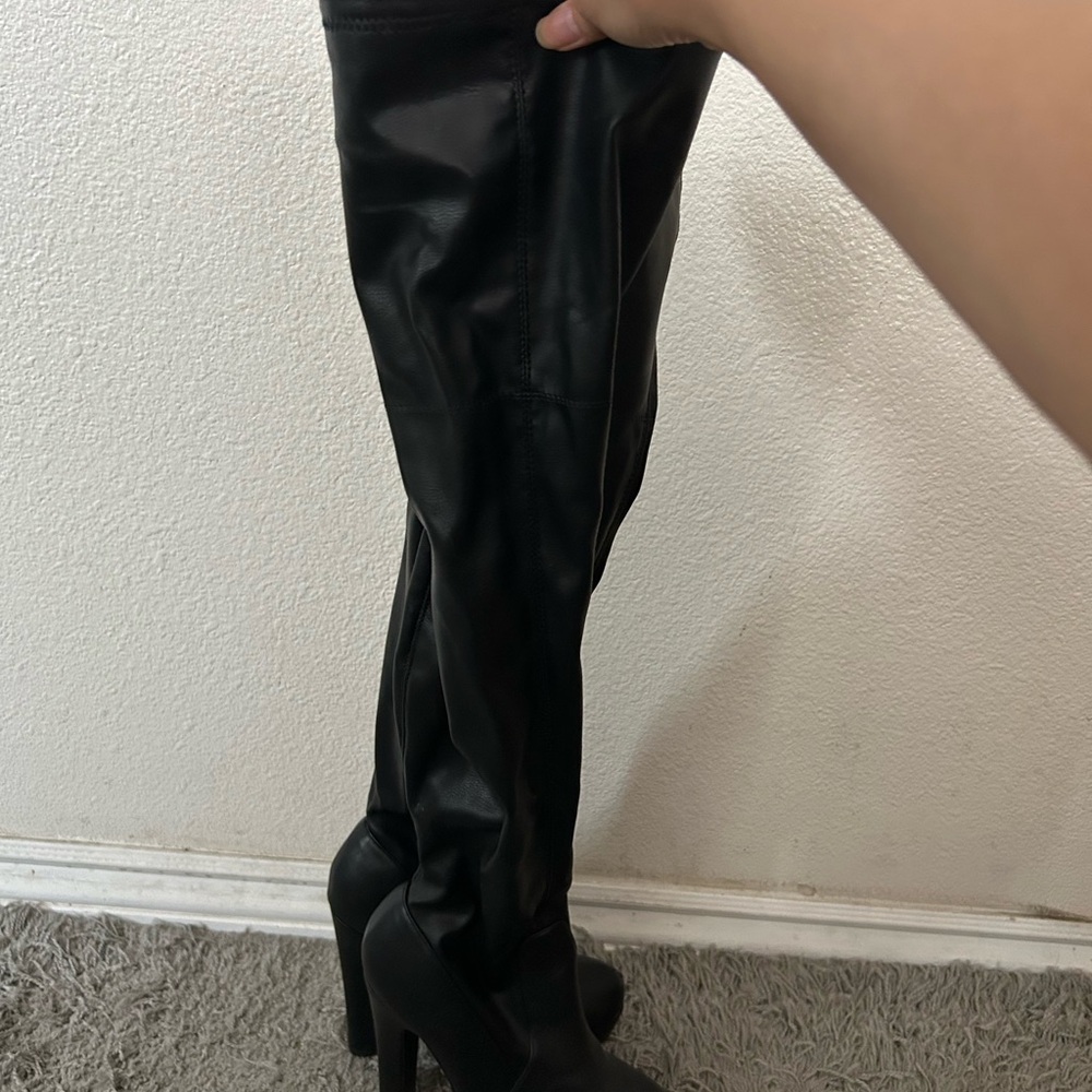 Black faux leather thigh High Heel Boots 5.5 Women